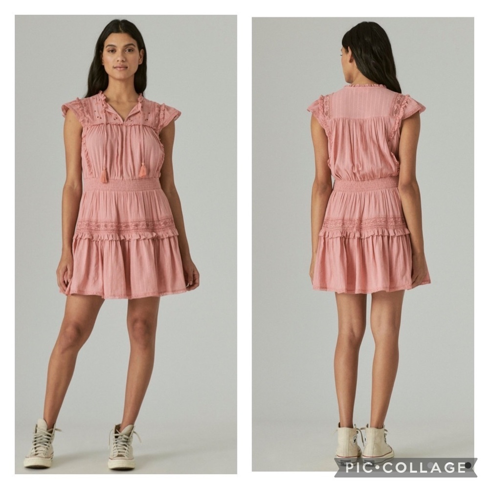 Lucky Brand Pink Lacey Ruffled Tiered Boho Peasant Dress Size Small